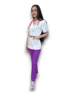 Costum medical  tercot, halat alb cu fermoar, pantaloni mov 2