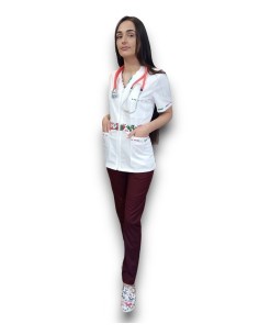 Costum medical tercot, halat alb cu fermoar, pantaloni grena