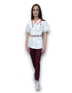 Costum medical tercot, halat alb cu fermoar, pantaloni grena 2