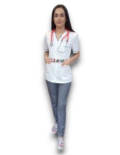 Costum medical  tercot elastic, halat alb cu fermoar, pantaloni gri 2