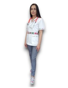 Costum medical  tercot elastic, halat alb cu fermoar, pantaloni gri