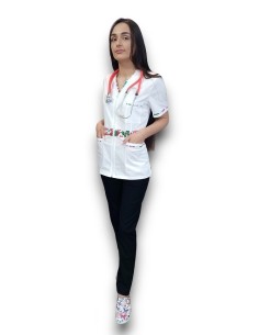 Costum medical  tercot elastic, halat alb cu fermoar, pantaloni negri