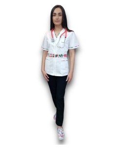 Costum medical  tercot elastic, halat alb cu fermoar, pantaloni negri 2