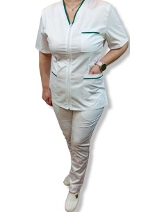 Costum medical alb tercot elastic, halat alb cu fermoar, insertie verde spital 2