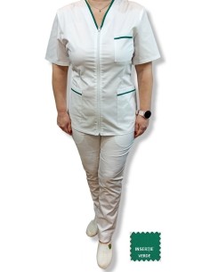 Costum medical alb tercot elastic, halat alb cu fermoar, insertie verde spital
