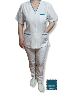 Costum medical alb tercot elastic, halat alb cu fermoar, insertie verde tuborg