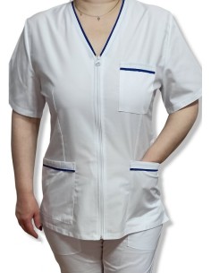 Costum medical alb tercot elastic, halat alb cu fermoar, insertie bleumarin 2