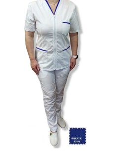 Costum medical alb tercot elastic, halat alb cu fermoar, insertie albastru royal
