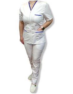 Costum medical alb tercot elastic, halat alb cu fermoar, insertie albastru royal 2