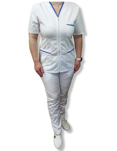 Costum medical alb tercot elastic, halat alb cu fermoar, insertie albastra 2