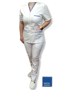 Costum medical alb tercot elastic, halat alb cu fermoar, insertie albastra
