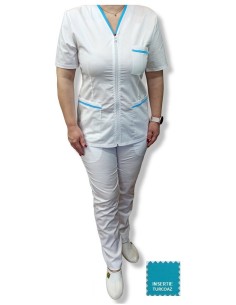 Costum medical alb tercot elastic, halat alb cu fermoar, insertie turcoaz