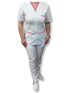 Costum medical alb tercot elastic, halat alb cu fermoar, insertie ciclam 2
