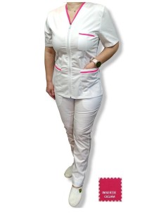 Costum medical alb tercot elastic, halat alb cu fermoar, insertie ciclam