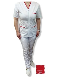 Costum medical alb tercot elastic, halat alb cu fermoar, insertie rosie
