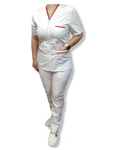 Costum medical alb tercot elastic, halat alb cu fermoar, insertie rosie 2