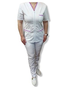 Costum medical alb tercot fix, halat alb cu fermoar, insertie mov 2