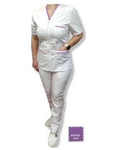 Costum medical alb tercot fix, halat alb cu fermoar, insertie mov
