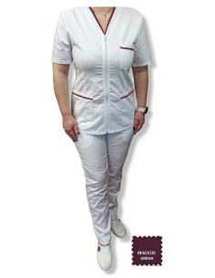 Costum medical alb tercot, halat alb cu fermoar, insertie grena