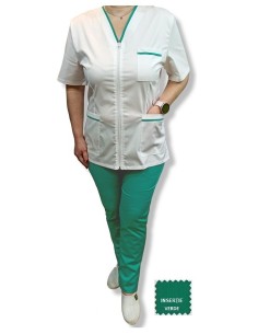 Costum medical alb tercot elastic, halat alb cu fermoar, insertie verde, pantaloni verzi 2