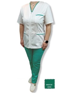 Costum medical alb tercot elastic, halat alb cu fermoar, insertie verde, pantaloni verzi