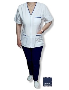 Costum medical alb tercot elastic, halat alb cu fermoar, insertie bleumarin, pantaloni bleumarin