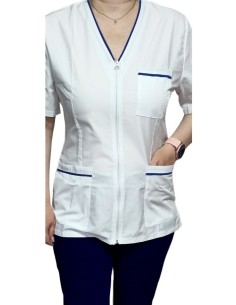 Costum medical alb tercot elastic, halat alb cu fermoar, insertie bleumarin, pantaloni bleumarin 2