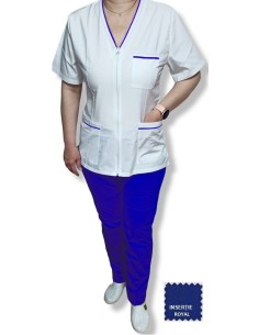 Costum medical alb tercot elastic, halat alb cu fermoar, insertie albastru royal, pantaloni albastru royal