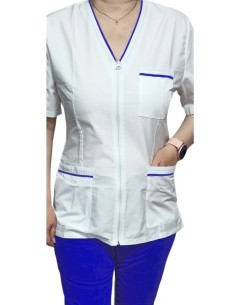 Costum medical alb tercot elastic, halat alb cu fermoar, insertie albastru royal, pantaloni albastru royal 2