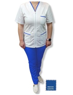 Costum medical alb tercot elastic, halat alb cu fermoar, insertie albastra, pantaloni albastri