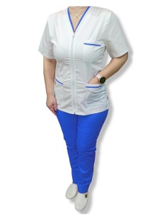 Costum medical alb tercot elastic, halat alb cu fermoar, insertie albastra, pantaloni albastri 2