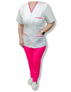 Costum medical alb tercot elastic, halat alb cu fermoar, insertie ciclam, pantaloni ciclam 2