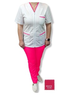 Costum medical alb tercot elastic, halat alb cu fermoar, insertie ciclam, pantaloni ciclam