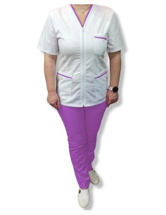 Costum medical alb tercot fix, halat alb cu fermoar, insertie mov, pantaloni mov 2