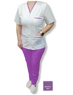 Costum medical alb tercot fix, halat alb cu fermoar, insertie mov, pantaloni mov