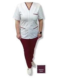 Costum medical alb tercot, halat alb cu fermoar, insertie grena, pantaloni grena