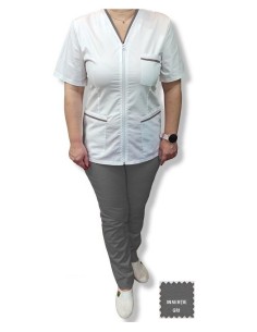Costum medical  tercot elastic, halat alb cu fermoar, insertie gri, pantaloni gri 2