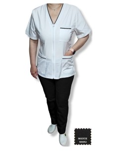 Costum medical  tercot elastic, halat alb cu fermoar, insertie neagra, pantaloni negri