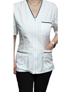 Costum medical  tercot elastic, halat alb cu fermoar, insertie neagra, pantaloni negri 2