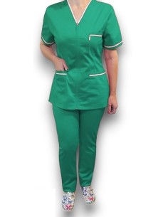Costum medical cu fermoar, tercot elastic verde spital, insertie alba