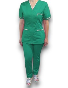 Costum medical cu fermoar, tercot elastic verde spital, insertie alba 2