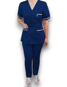 Costum medical cu fermoar, tercot elastic bleumarin, insertie alba