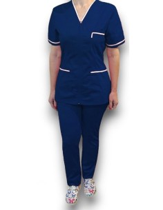Costum medical cu fermoar, tercot elastic bleumarin, insertie alba 2