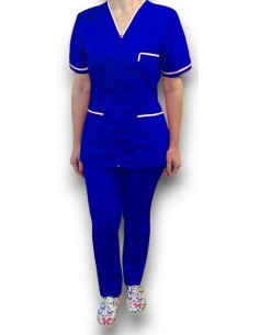 Costum medical cu fermoar, tercot elastic albastru royal, insertie alba 2