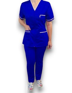 Costum medical cu fermoar, tercot elastic albastru royal, insertie alba