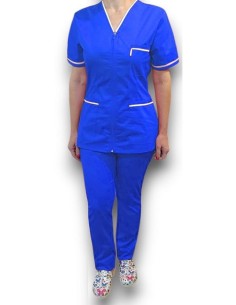 Costum medical cu fermoar, tercot elastic albastru, insertie alba 2