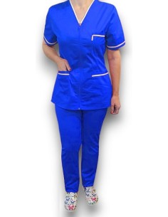 Costum medical cu fermoar, tercot elastic albastru, insertie alba