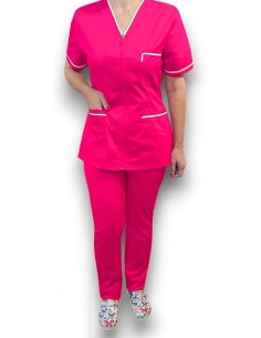 Costum medical cu fermoar, tercot elastic ciclam, insertie alba
