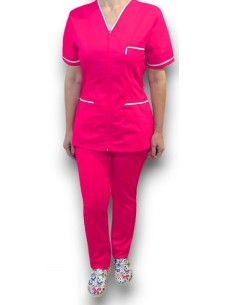 Costum medical cu fermoar, tercot elastic ciclam, insertie alba 2