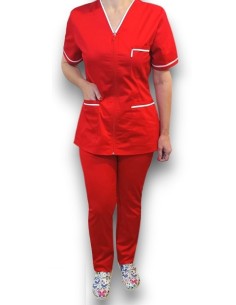Costum medical rosu tercot elastic, halat rosu cu fermoar, insertie alba, pantaloni rosii